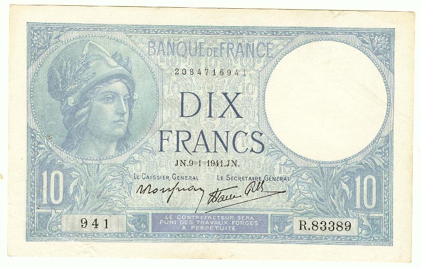 10 Francs (Minerve) 9-1-1941 -SPL